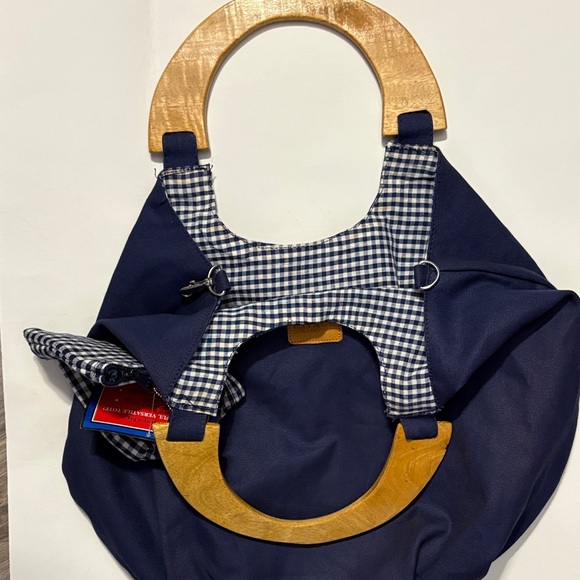 VINTAGE Reversible Navy Hoopla Tote With Wooden Handles - Picture 4 of 6